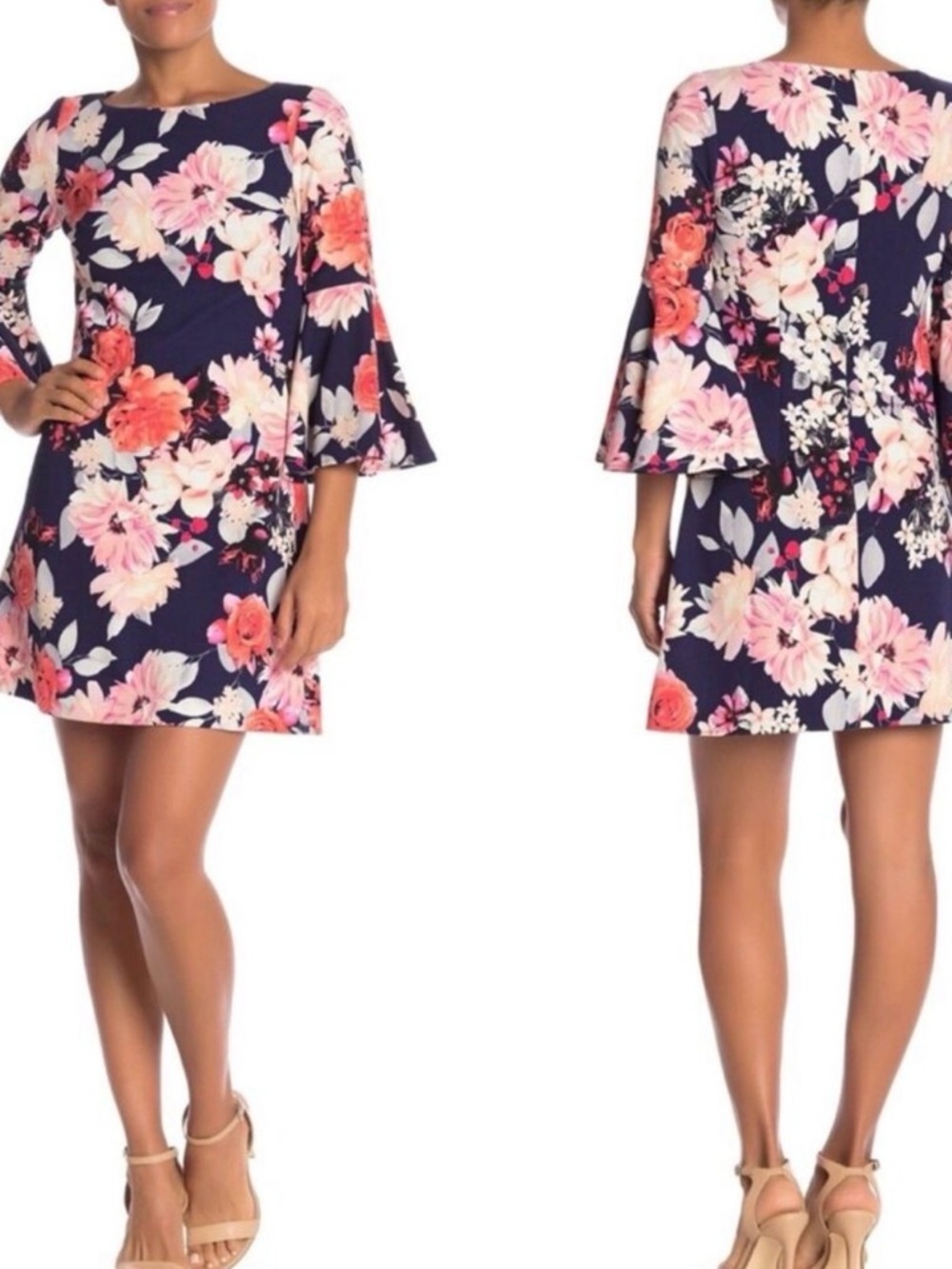 Eliza J Navy Floral Dress with Pink and Coral Roses